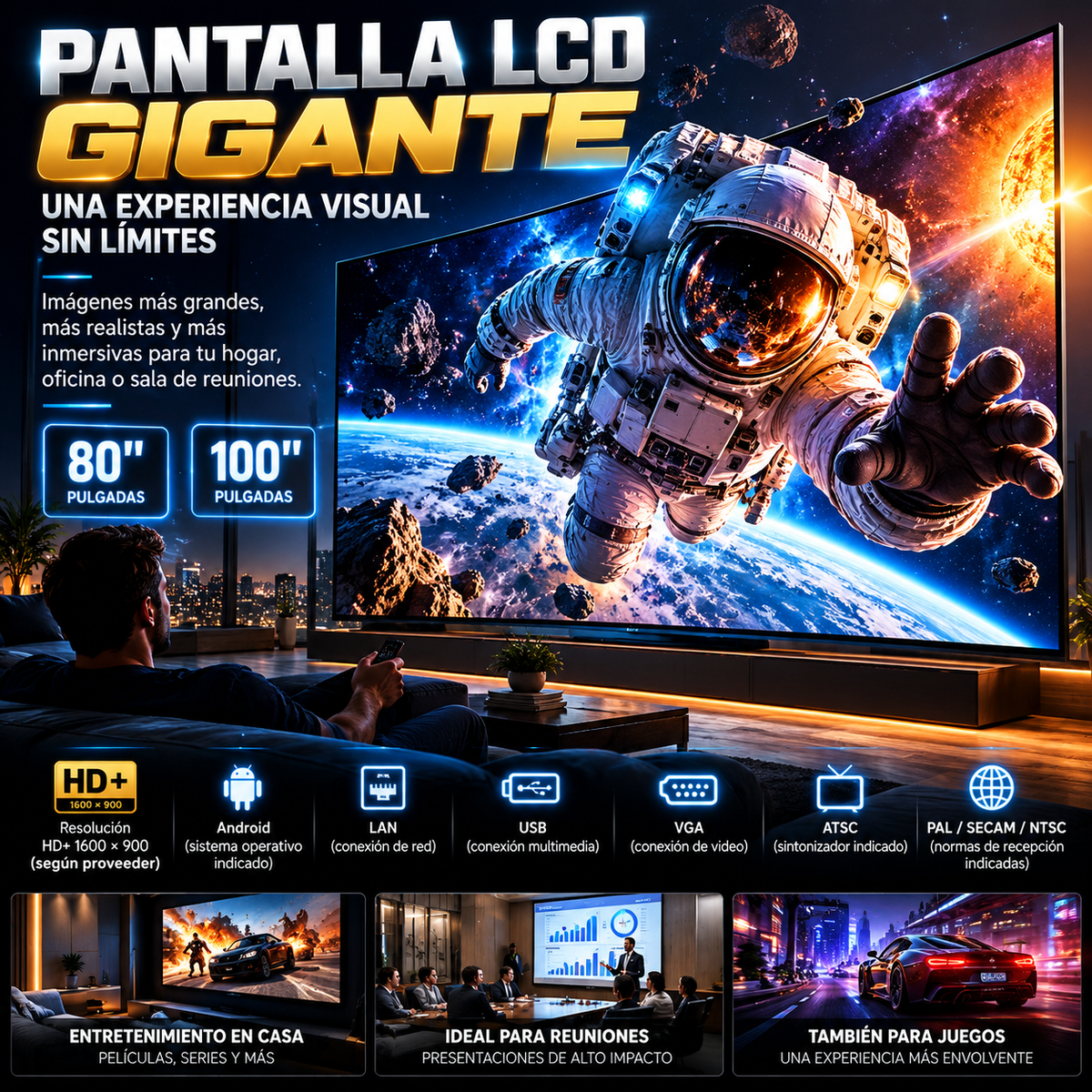 Large LCD Display | 80- or 100-Inch Options / Pantalla LCD grande de 80 o 100 pulgadas