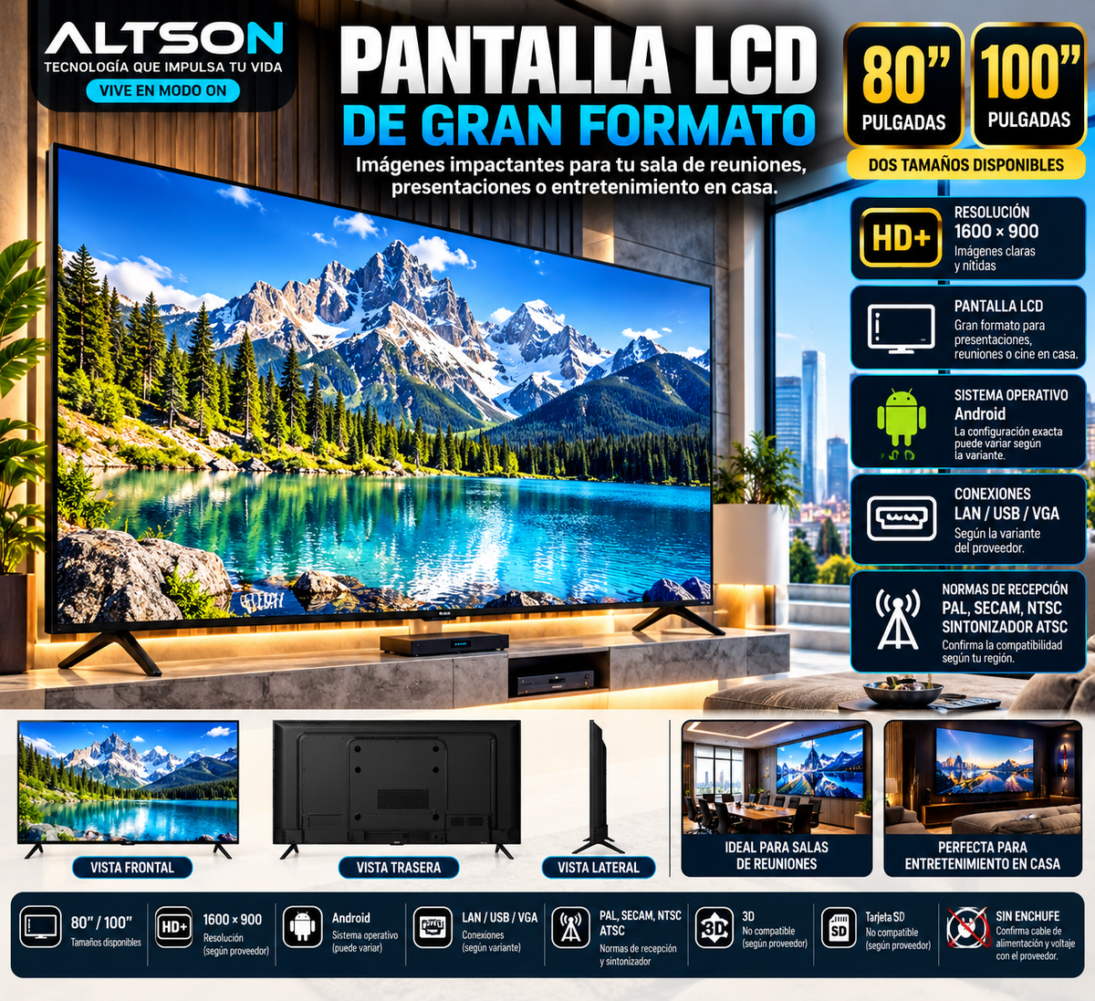 Large LCD Display | 80- or 100-Inch Options / Pantalla LCD grande de 80 o 100 pulgadas