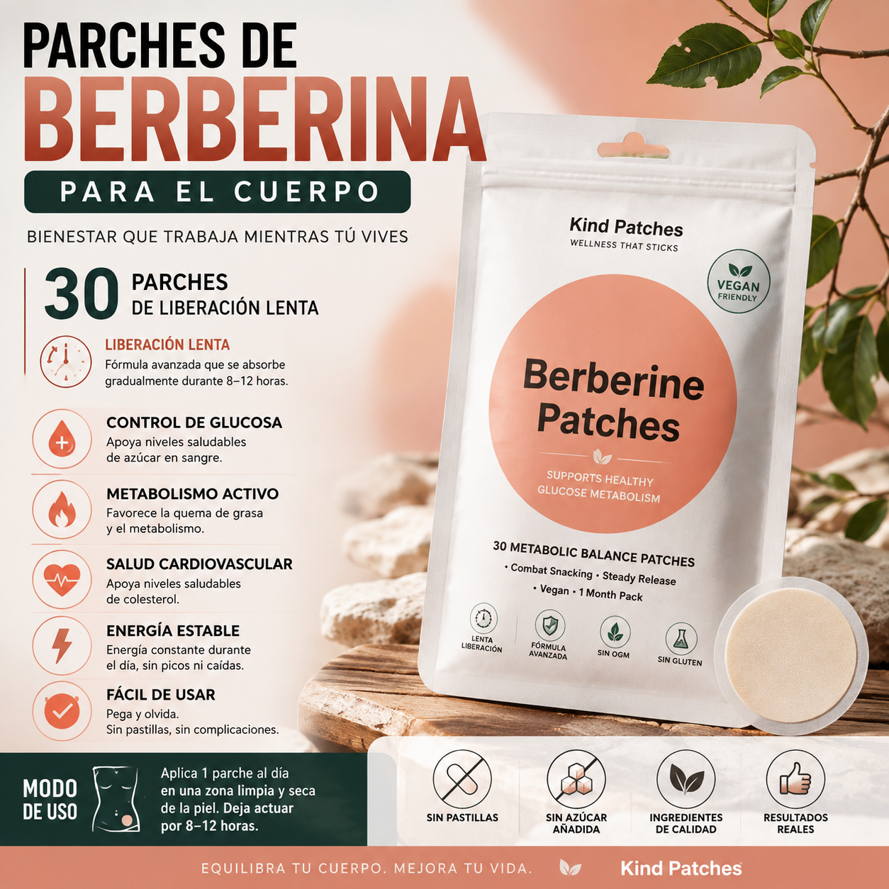 Parches Corporales de Berberina 30 Unidades | Mezcla Botánica Vegana | Berberine Body Patches 30 Units Vegan