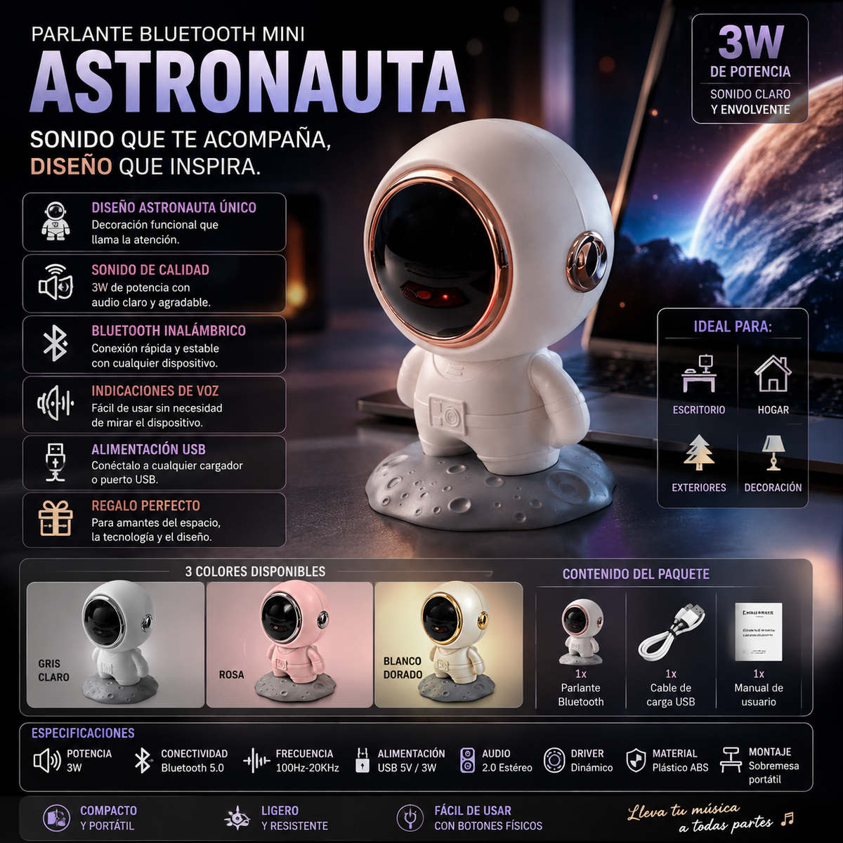 Parlante Bluetooth Mini Diseño Astronauta 3W — Decoración de Escritorio