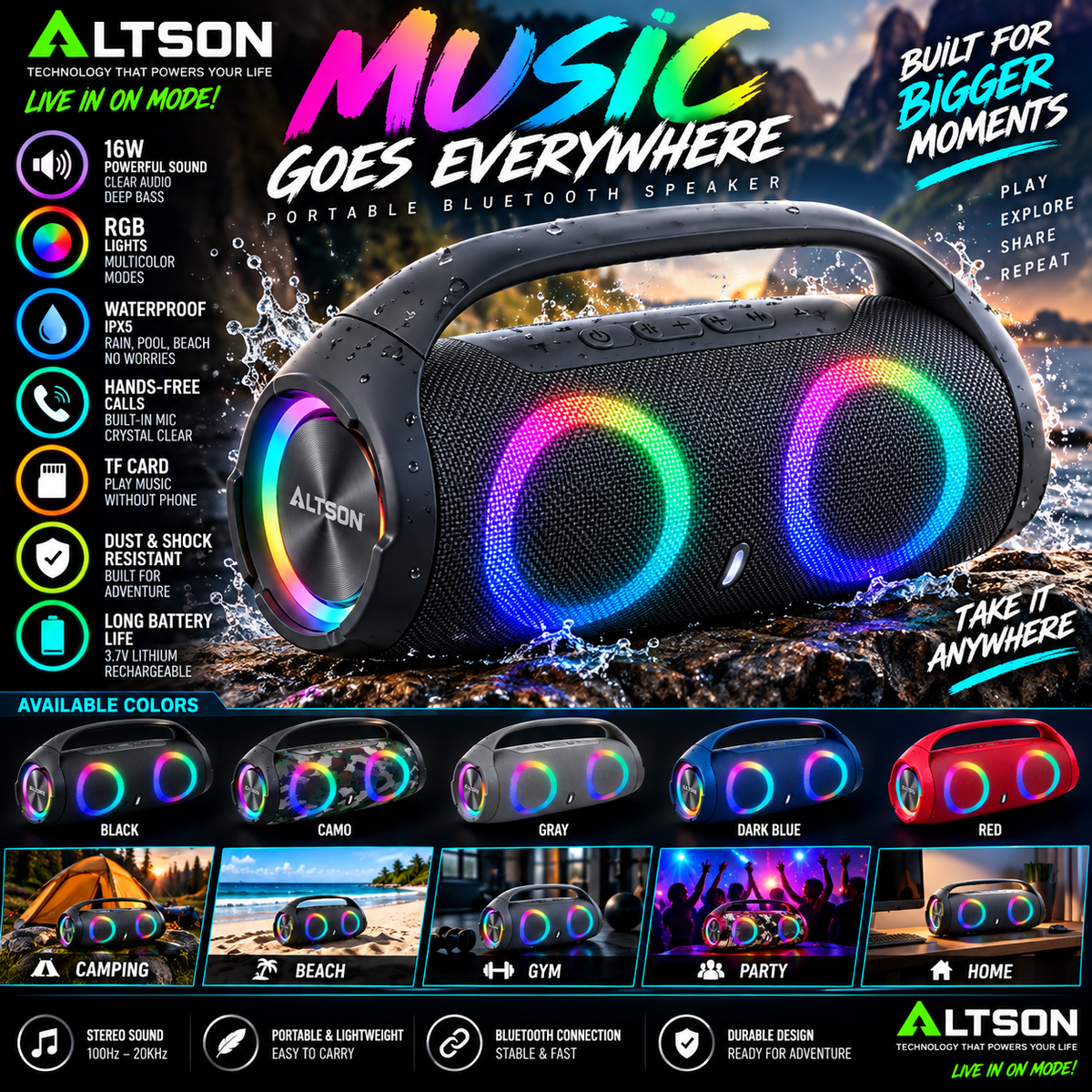 Parlante Bluetooth Portátil 16W con Luces RGB y Resistencia al Agua — Para Exteriores