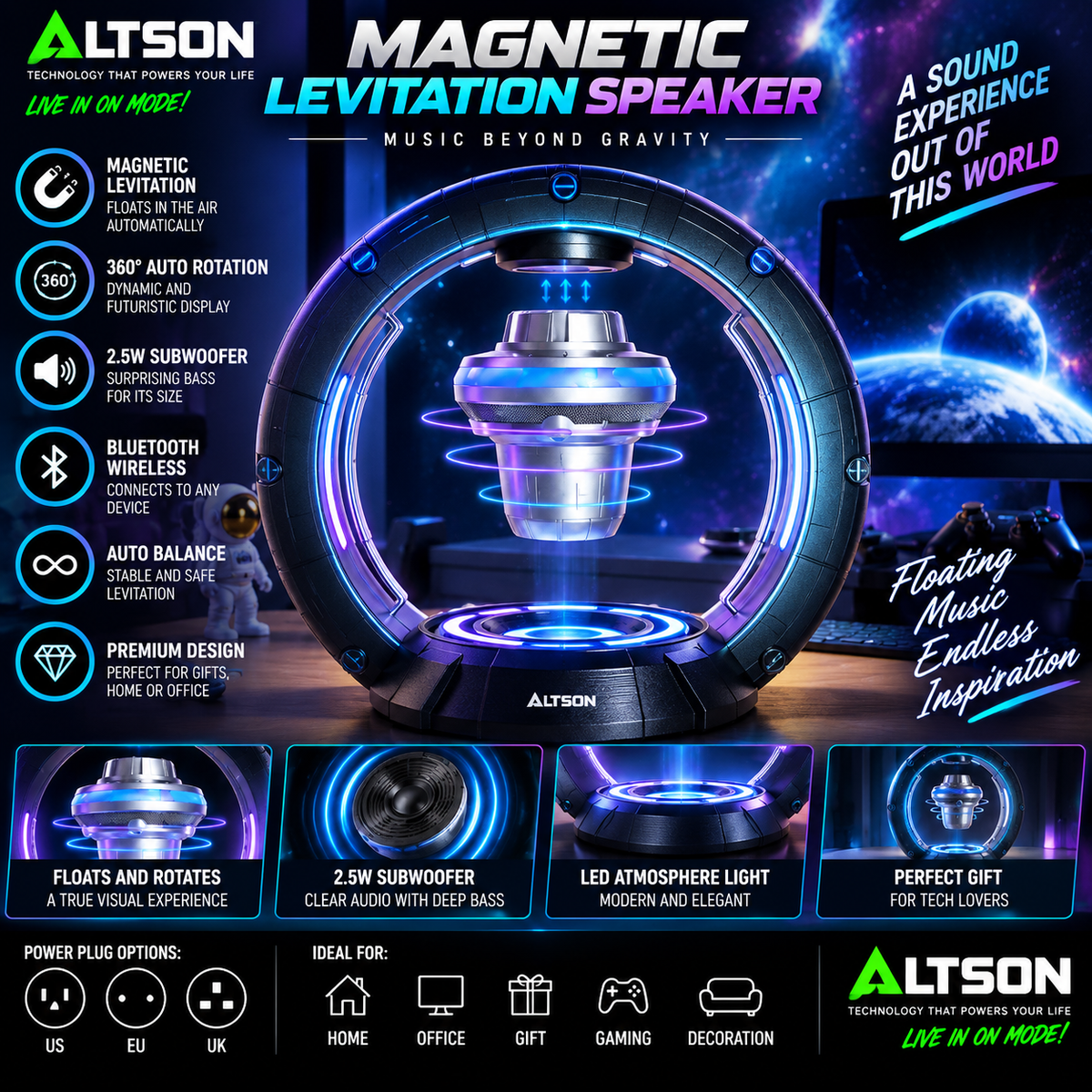 Parlante Bluetooth con Levitación Magnética Flotante — Diseño Nave Espacial