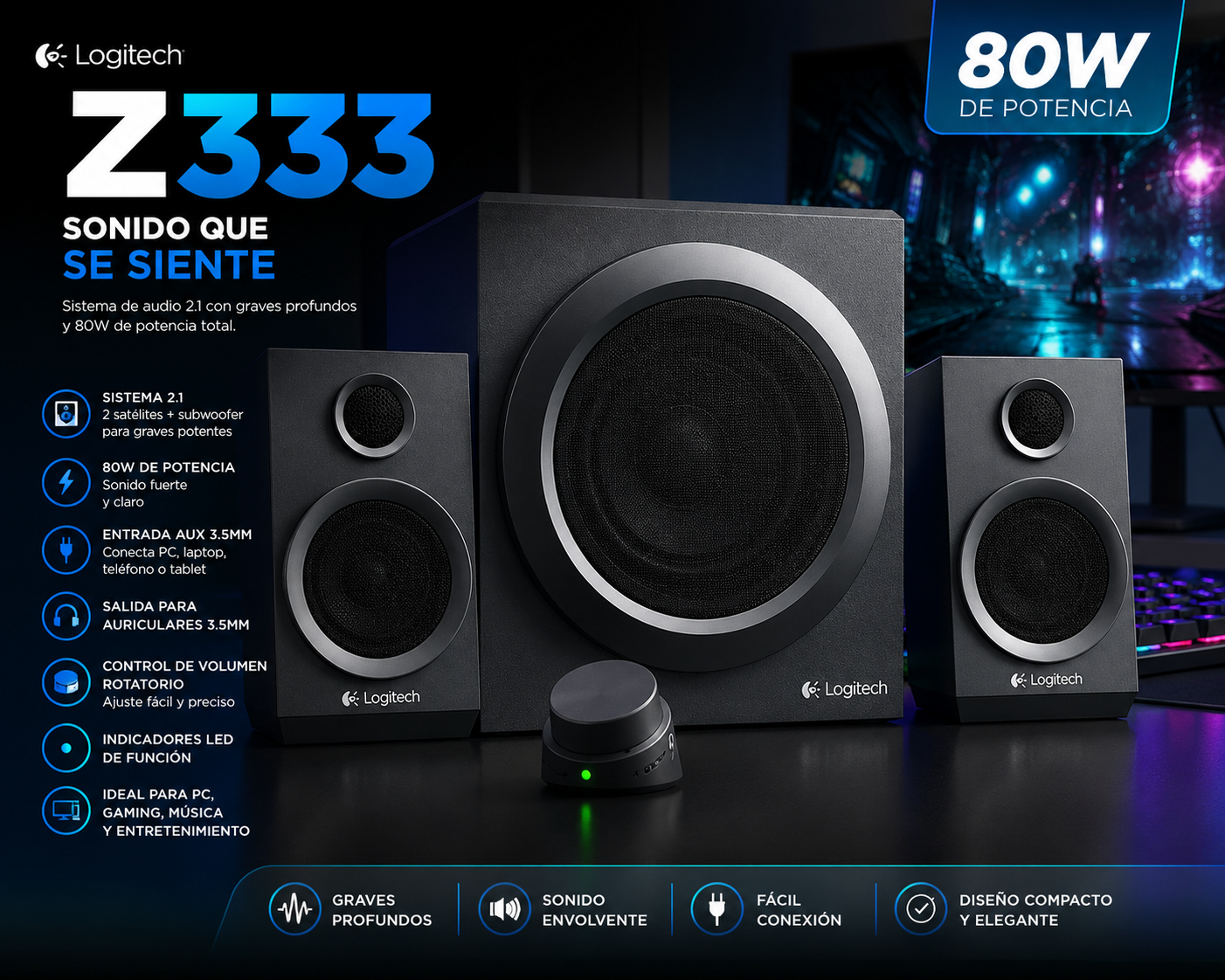 Parlantes Multimedia Logitech Z333 2.1 con Subwoofer 80W