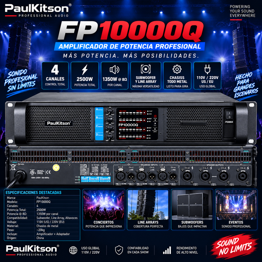 PaulKitson FP10000Q Professional Power Amplifier | 4CH | 2500W | Subwoofer & Line Array | 110V & 220V