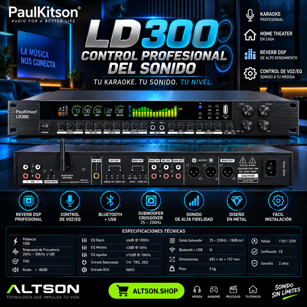 PaulKitson LD300 DSP Karaoke Effects Processor | 15W | Reverb | Bluetooth | Speaker Management