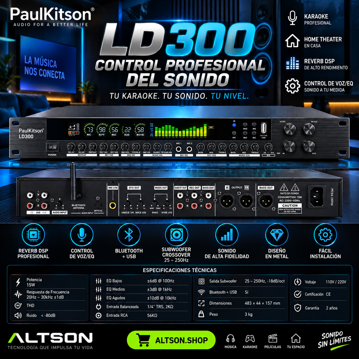PaulKitson LD300 DSP Karaoke Effects Processor | 15W | Reverb | Bluetooth | Speaker Management