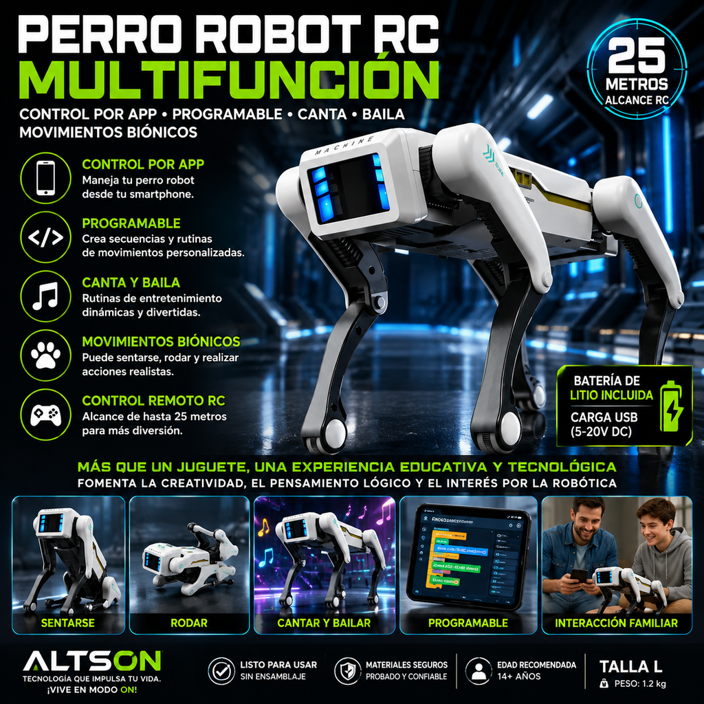 Perro Robot RC Multifunción – Control APP, Programable, Canta, Baila, Bioníco e Interactivo
