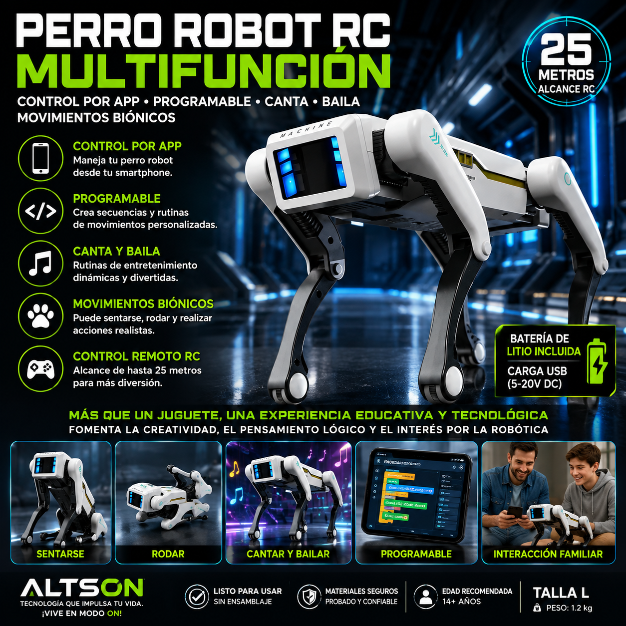Perro Robot RC Multifunción – Control APP, Programable, Canta, Baila, Bioníco e Interactivo