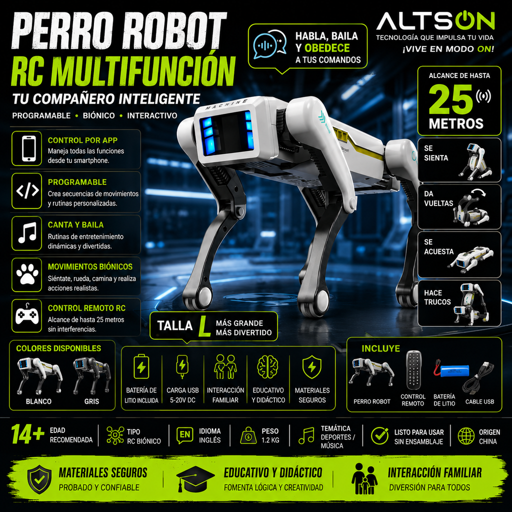 Perro Robot RC Multifunción – Control APP, Programable, Canta, Baila, Bioníco e Interactivo