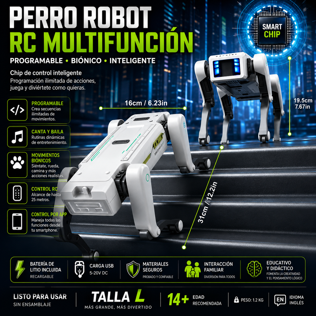 Perro Robot RC Multifunción – Control APP, Programable, Canta, Baila, Bioníco e Interactivo