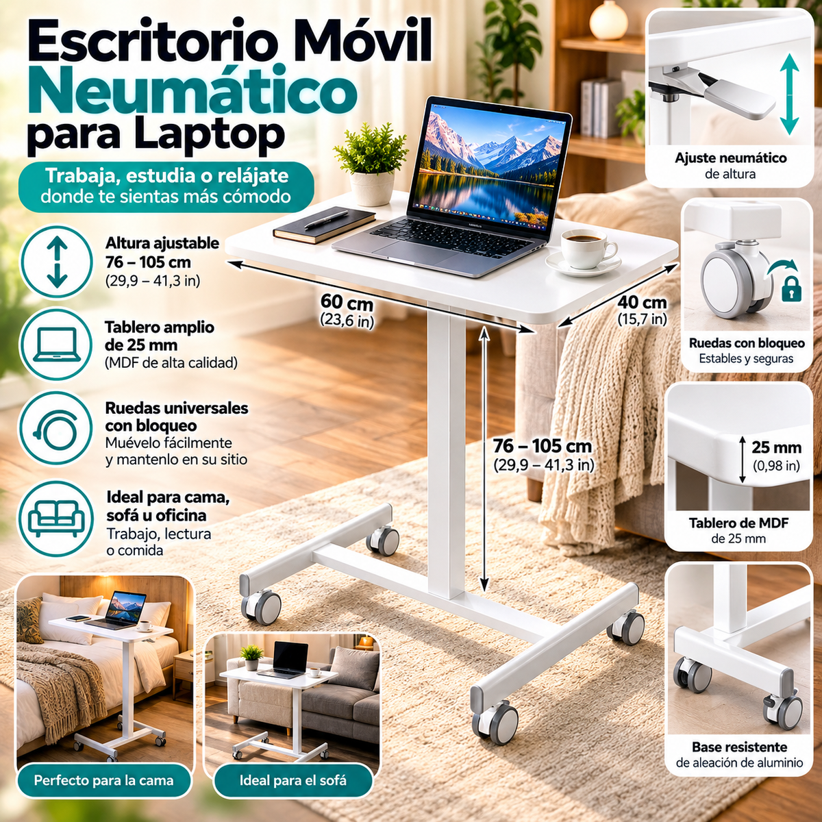 Pneumatic Mobile Laptop Desk | Gas-Lift & Locking Wheels | Escritorio Ajustable