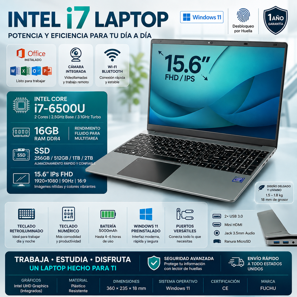 15.6" Laptop Intel Core i7 | Windows 11 | Fingerprint | IPS FHD