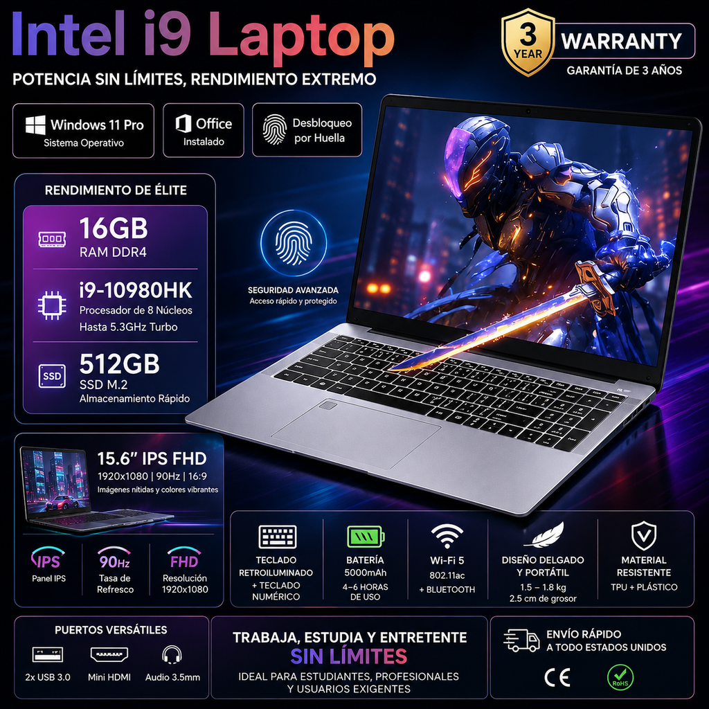 15.6" Laptop Intel Core i9 | Windows 11 | Fingerprint | IPS FHD
