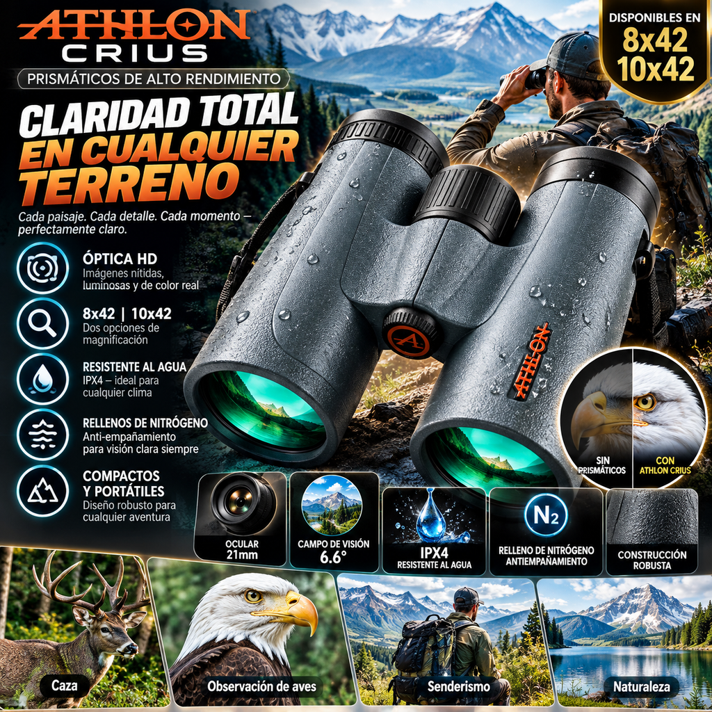 Prismáticos ATHLON CRIUS 8/10x42 | HD, Resistentes al Agua, Nitrógeno, Portátiles