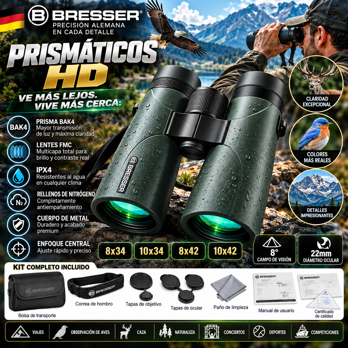 Prismáticos BRESSER HD 8x34 / 10x34 / 8x42 / 10x42 | Nitrógeno, BAK4, IPX4
