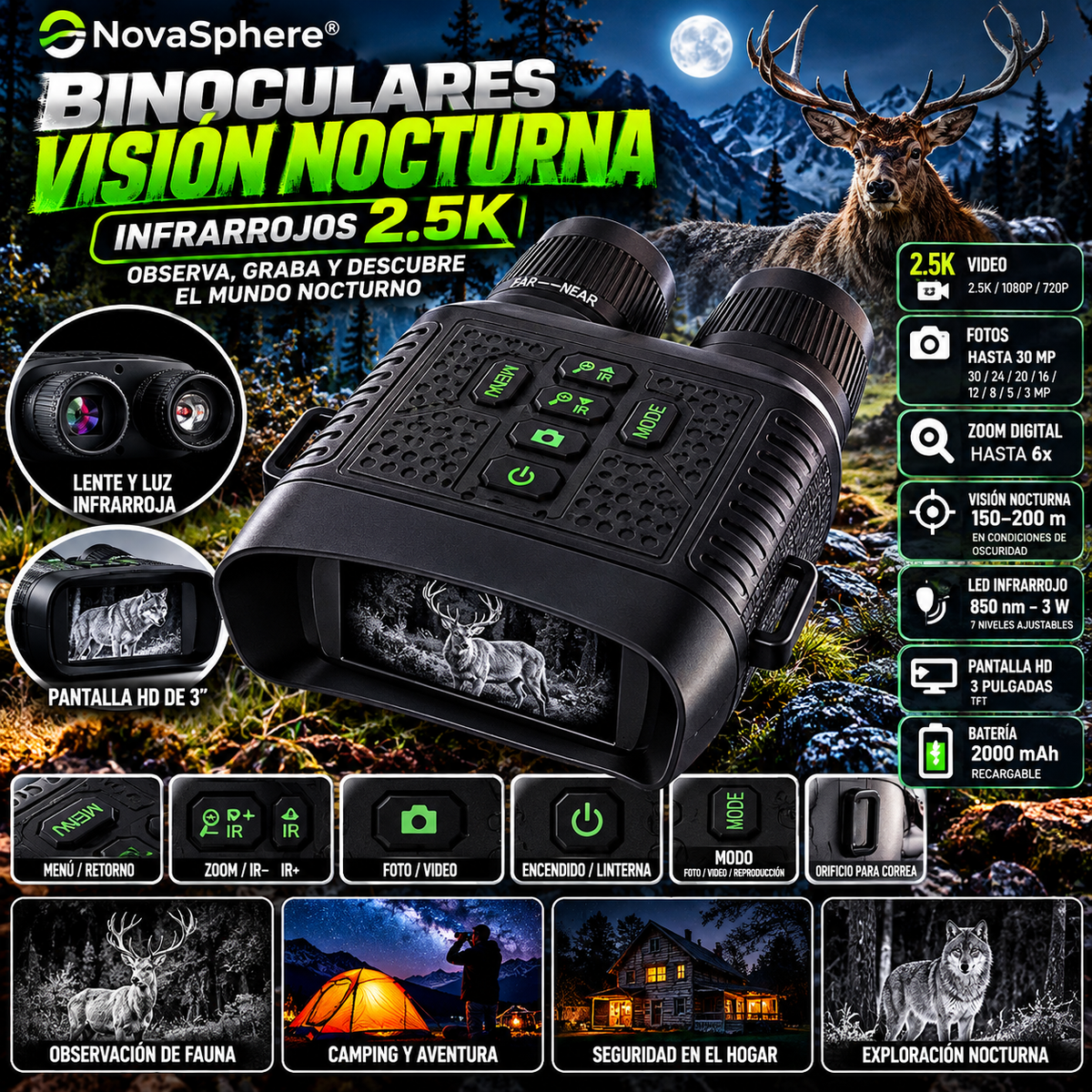 2.5K Infrared Night Vision Binoculars | 6x Digital Zoom / Binoculares nocturnos