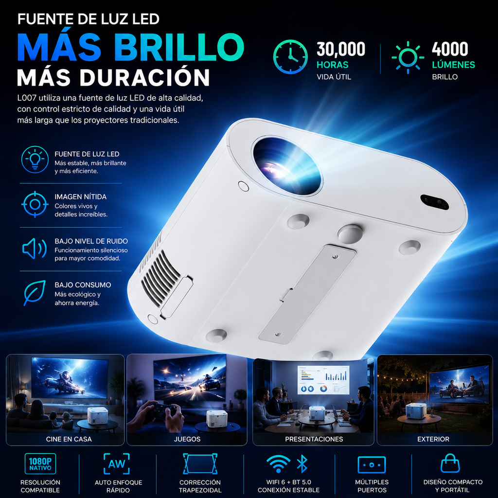 Proyector Smart Full HD T07 | Android | 320 ANSI Lúmenes | 30,000 Hrs | 1080P Nativo