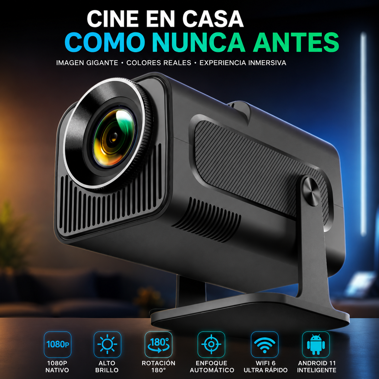 Proyector Smart HY320 | Android 11 | WiFi 6 | 390 ANSI Lúmenes | 1080P | Corrección Automática