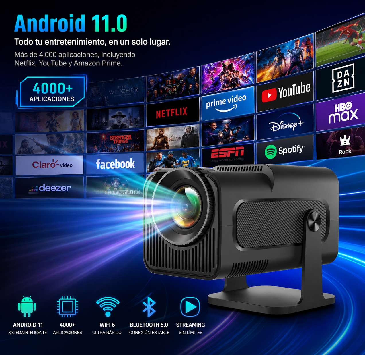 Proyector Smart HY320 | Android 11 | WiFi 6 | 390 ANSI Lúmenes | 1080P | Corrección Automática