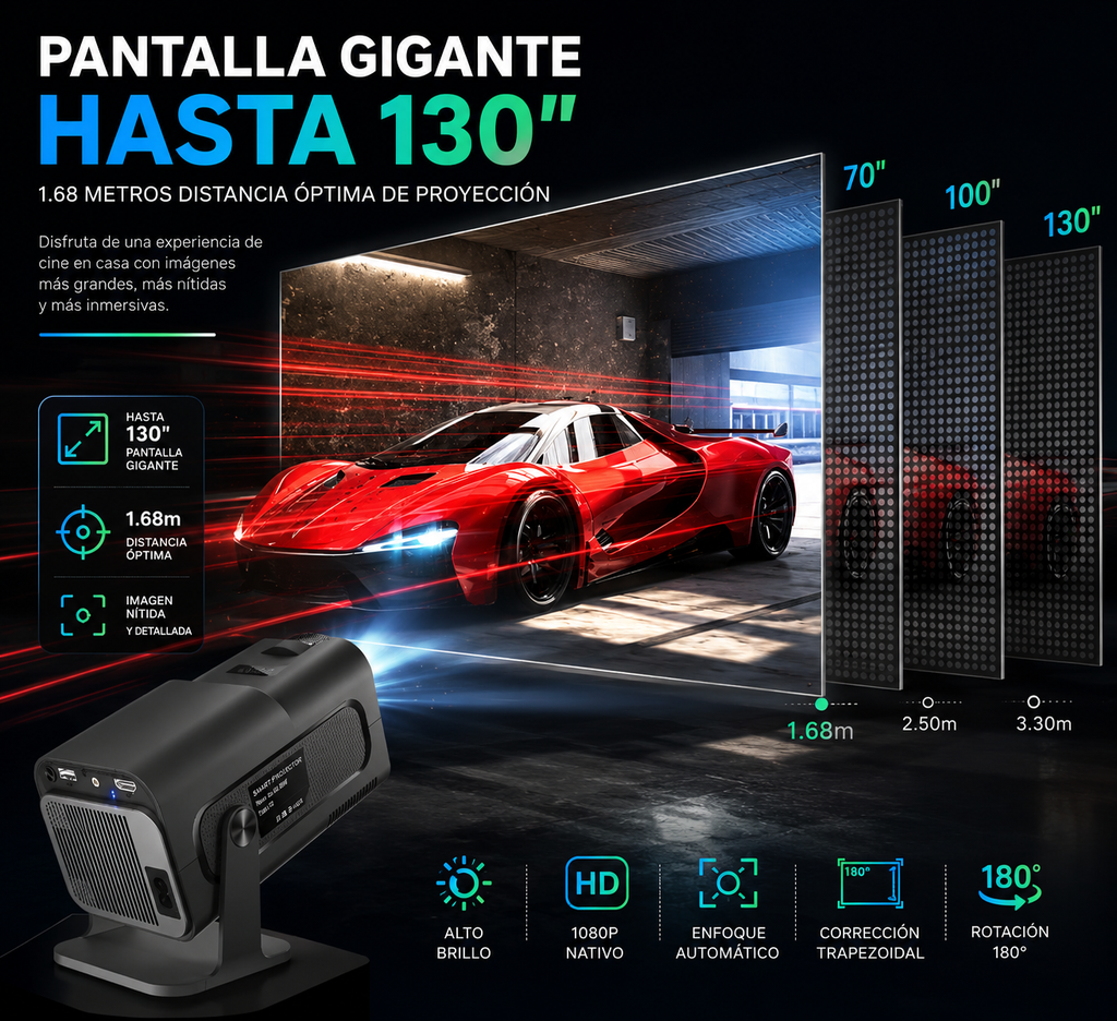 Proyector Smart HY320 | Android 11 | WiFi 6 | 390 ANSI Lúmenes | 1080P | Corrección Automática