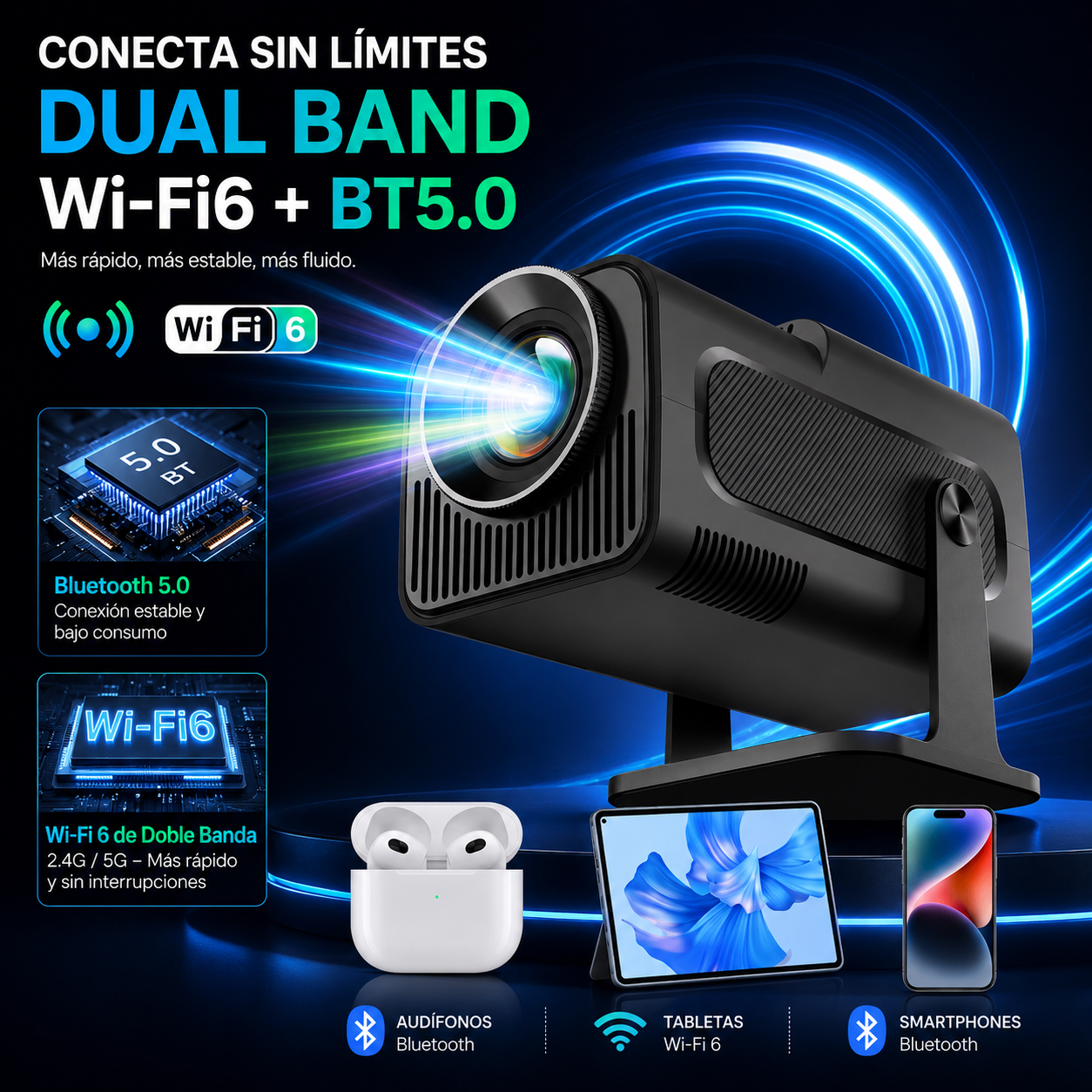 Proyector Smart HY320 | Android 11 | WiFi 6 | 390 ANSI Lúmenes | 1080P | Corrección Automática