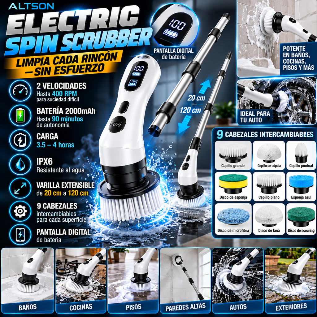 Electric Spin Scrubber | 9 Brush Heads | Extendable Handle