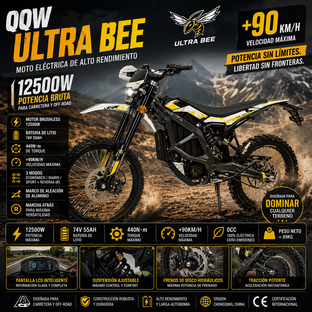 QQW Ultra Bee Moto Eléctrica | 12500W | 74V 55Ah | 440N·m | +90km/h | 3 Modos | Marco Aluminio | E-Motocross