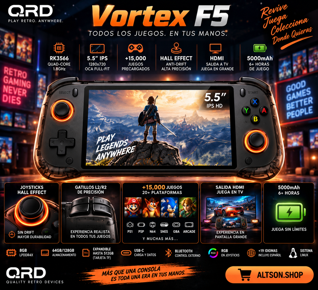QRD Vortex F5 Retro Handheld Game Console | 5.5" IPS | RK3566 | Hall Joystick | 15000+ Games | HDMI