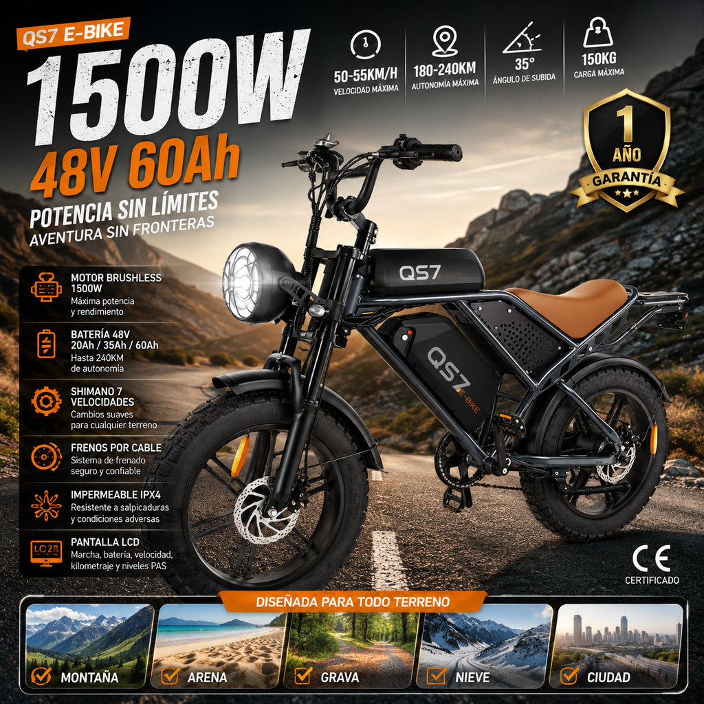 QS7 E-Bike 1500W Motor Brushless | 48V 20/35/60Ah | 55km/h | Todo Terreno | Shimano 7v | Garantía 1 Año