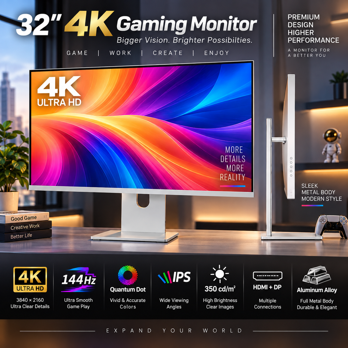 32-Inch 4K 144Hz Quantum Dot Gaming Monitor | IPS | Monitor Gaming