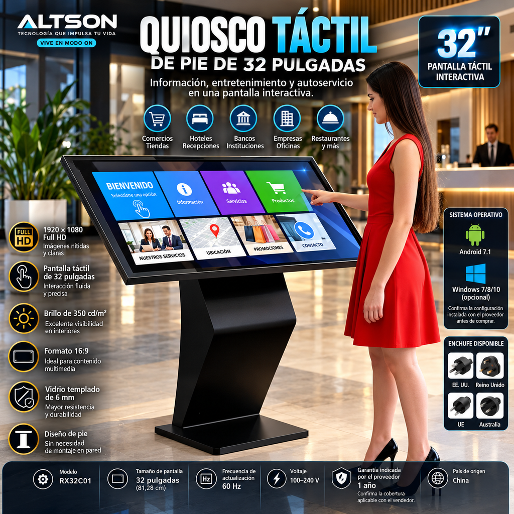 32-Inch Floor-Standing Touchscreen Kiosk | Full HD Digital Signage / Quiosco táctil de pie de 32 pulgadas
