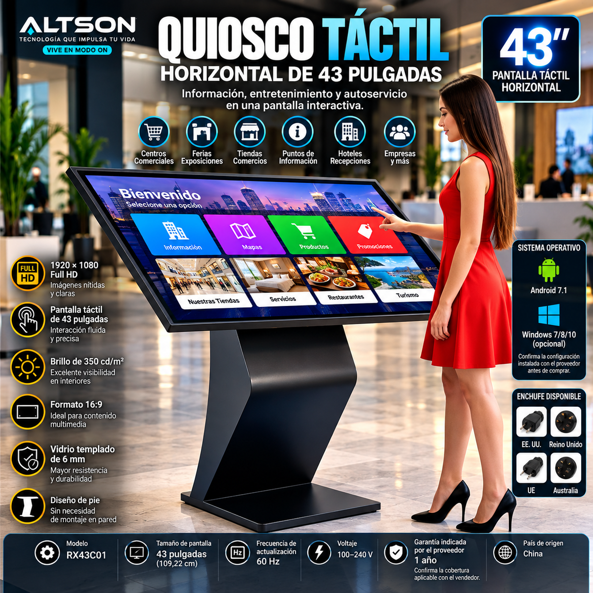 43-Inch Horizontal Touchscreen Kiosk | Full HD Digital Signage / Quiosco táctil horizontal de 43 pulgadas