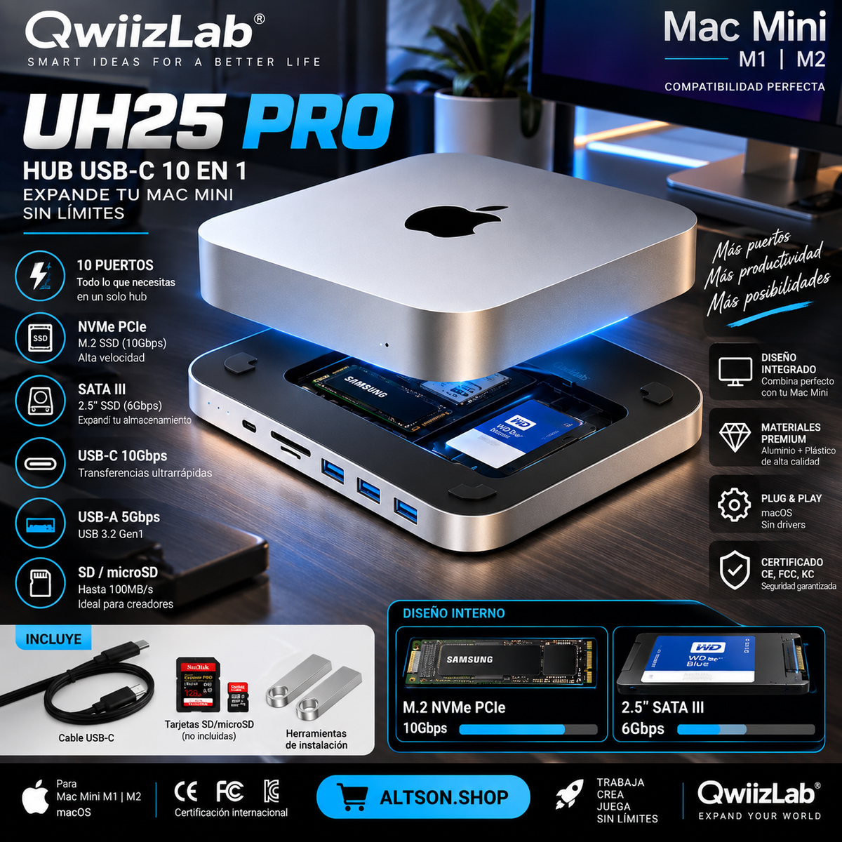 Qwiizlab UH25 Pro USB-C Hub for Mac Mini M1/M2 | 10 Ports | NVMe + SATA SSD | 10Gbps | SD/TF