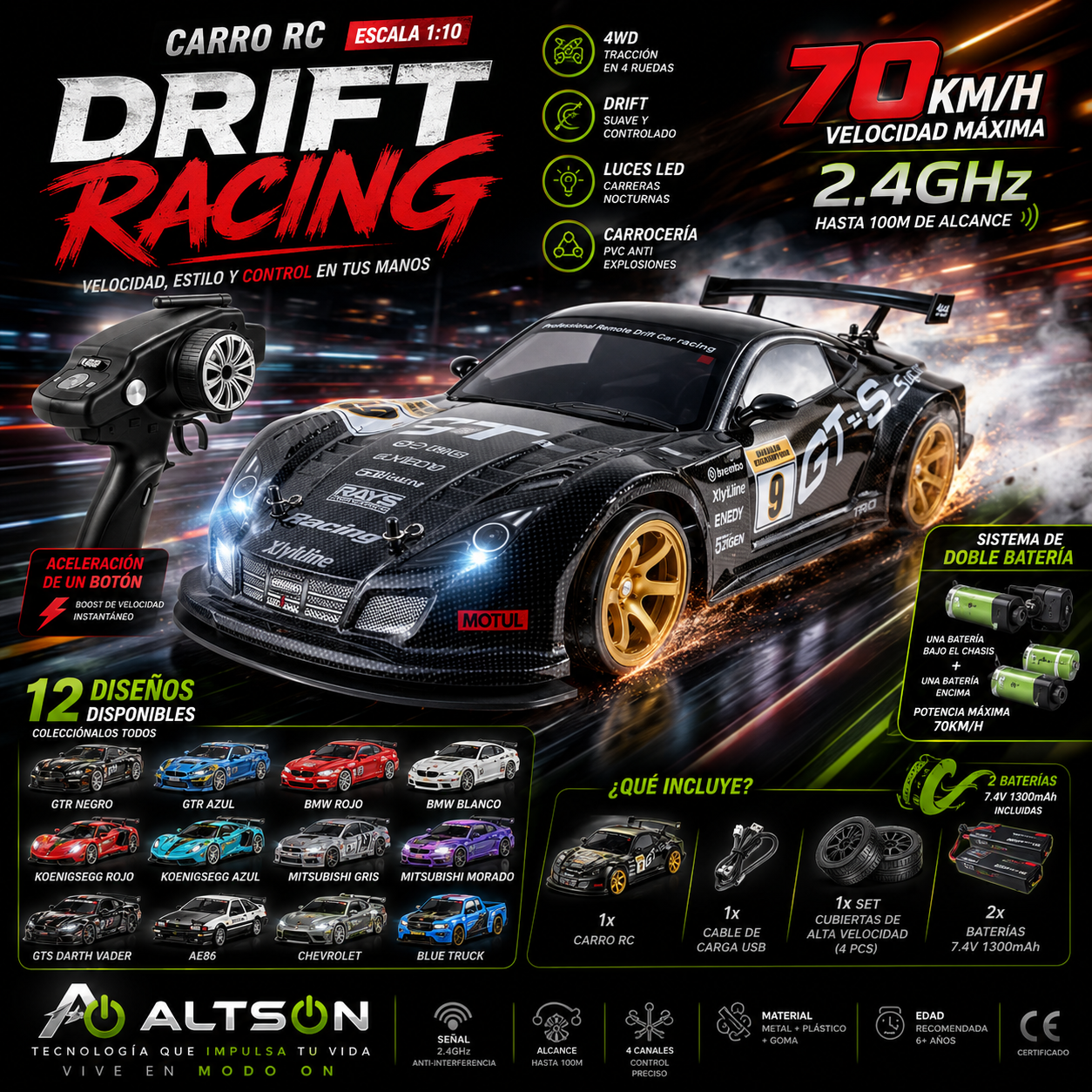 RC Drift Racing Car 1:10 — 70km/h High Speed 4WD | GTR, BMW, Koenigsegg & More