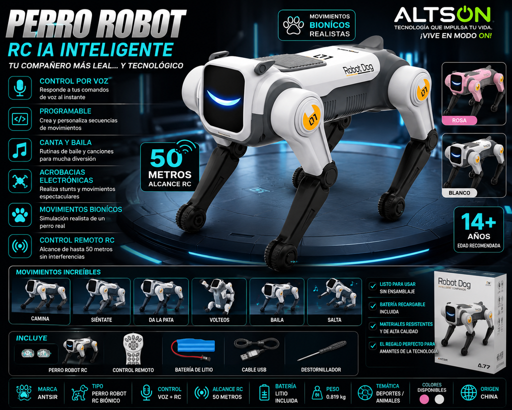 Perro Robot RC Inteligente IA – Control por Voz, Programable, Canta, Baila y Hace Acrobacias