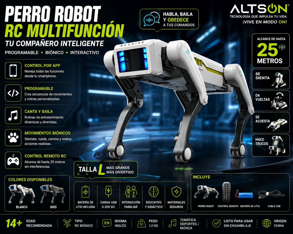 Perro Robot RC Multifunción – Control APP, Programable, Canta, Baila, Bioníco e Interactivo