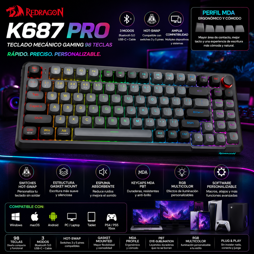 Teclado Mecánico Gaming Redragon K688 PRO | 98 Teclas | Bluetooth 5.0 + 2.4GHz + USB | Gasket | Hot-Swap | RGB | Redragon K688 PRO 98-Key Mechanical Gaming Keyboard BT 5.0 2.4GHz USB Gasket Hot-Swap RGB