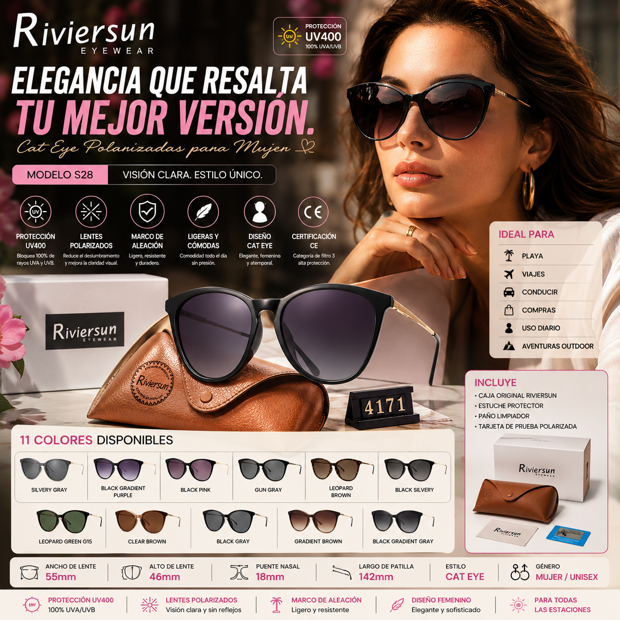 RIVIERSUN Gafas de Sol Cat Eye Polarizadas para Mujer | UV400 | Marco de Aleación | Modelo S28