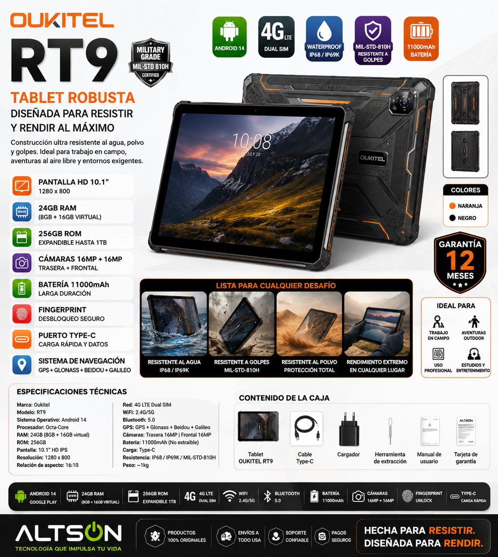 Tablet Robusta Oukitel RT9 10.1" | Android 14 | 24GB RAM + 256GB | 4G LTE | 11000mAh | Resistente al Agua | Huella Digital