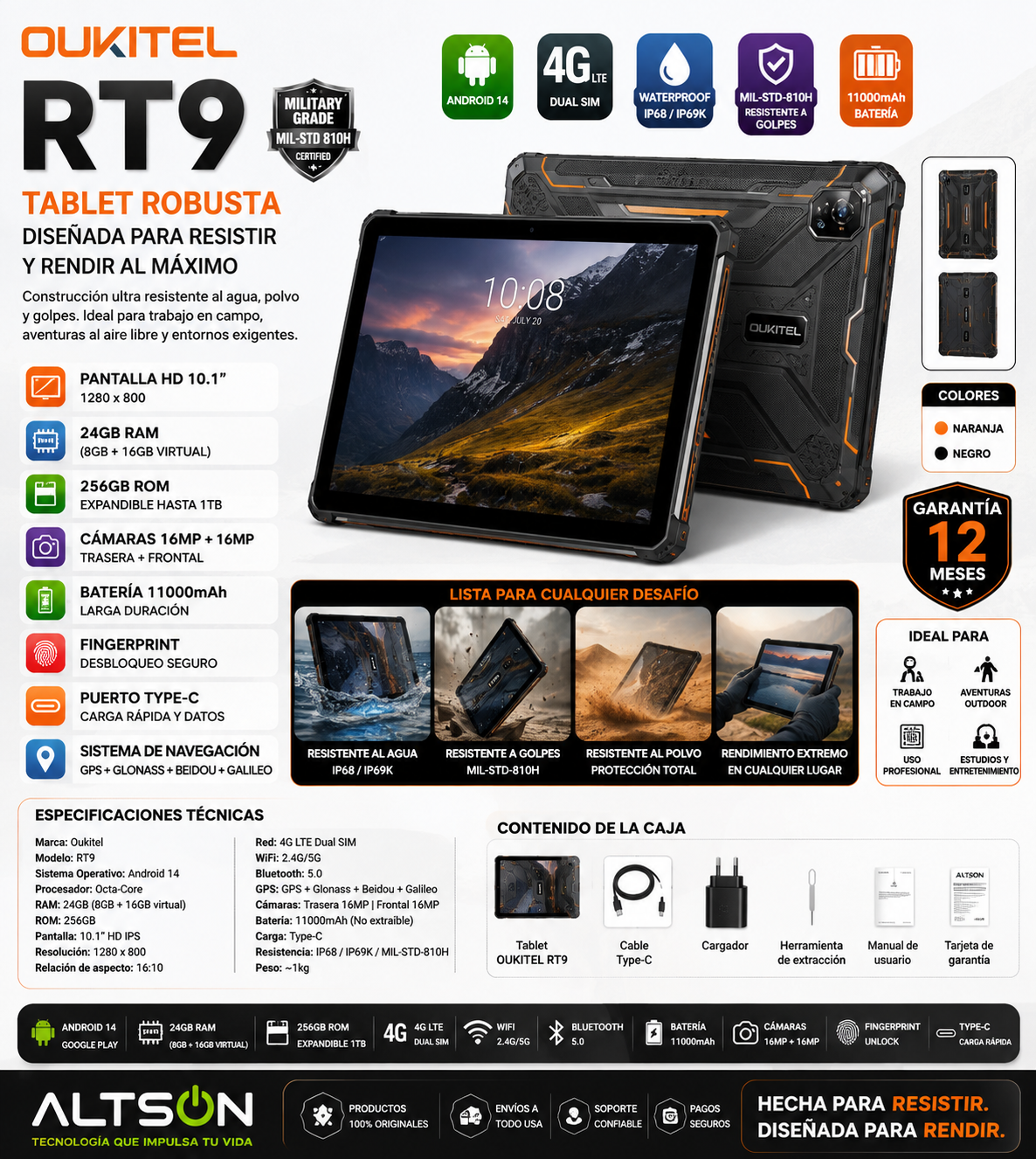 Tablet Robusta Oukitel RT9 10.1" | Android 14 | 24GB RAM + 256GB | 4G LTE | 11000mAh | Resistente al Agua | Huella Digital