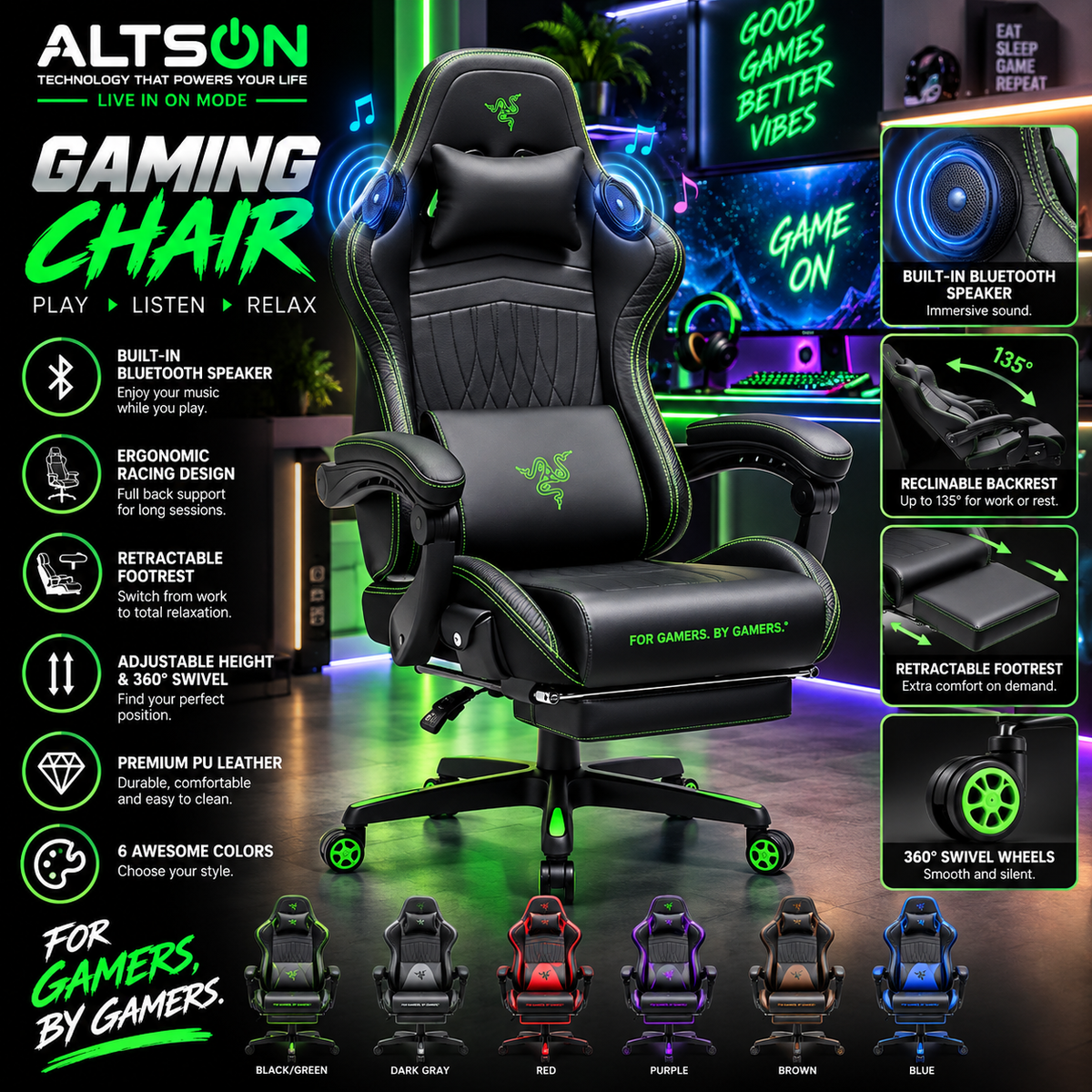 Racing Gaming Chair | Bluetooth Speaker & Footrest | PU Leather