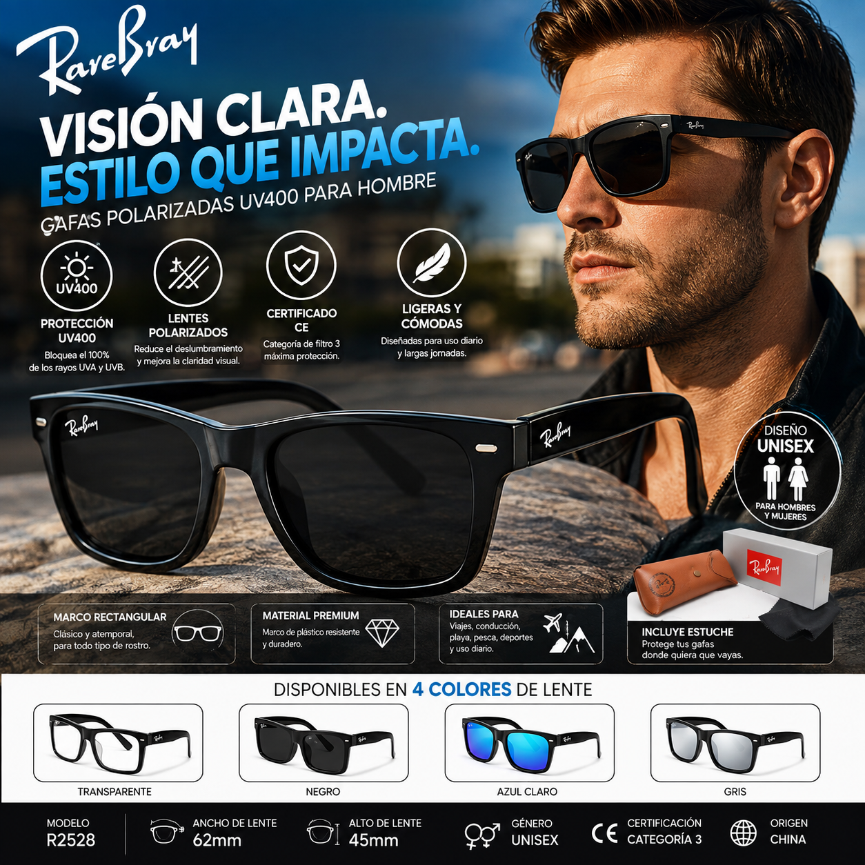 RareBray Gafas Polarizadas para Hombre | Lentes UV400 | Marco Rectangular