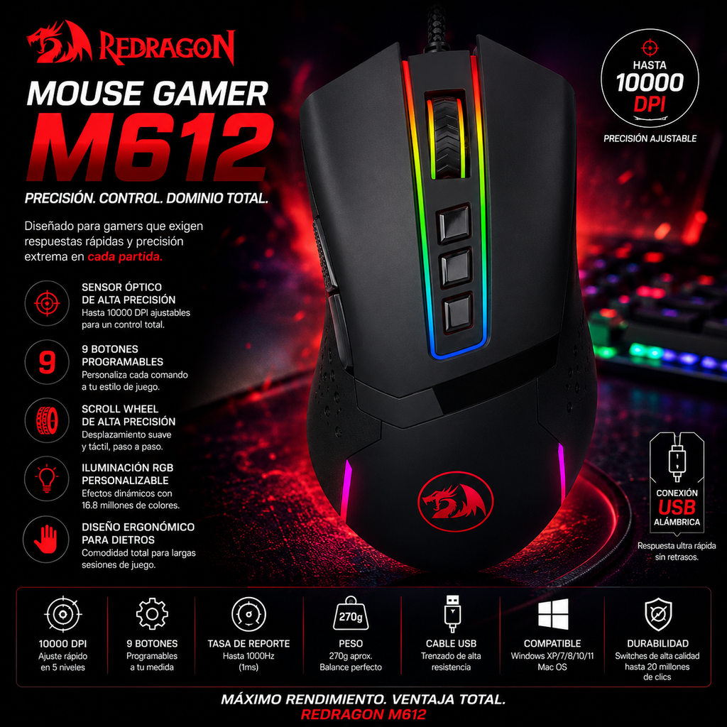 Mouse Gaming Redragon M712 OCTOPUS | 10000 DPI | RGB 12 Modos | 9 Botones | Ambidiestro | USB | Redragon M712 OCTOPUS Gaming Mouse 10000 DPI RGB 12 Modes 9 Buttons Ambidextrous USB