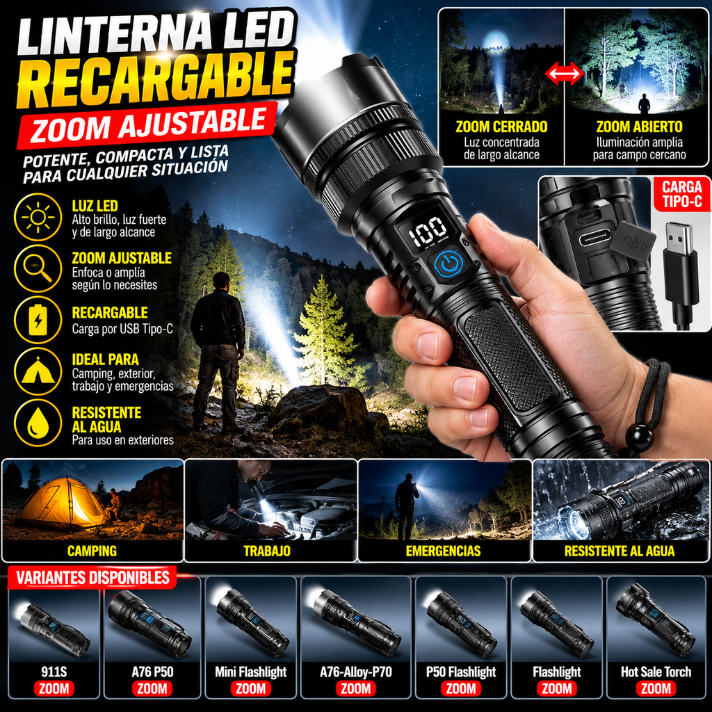 Rechargeable LED Flashlight | Adjustable Zoom | Linterna para Camping