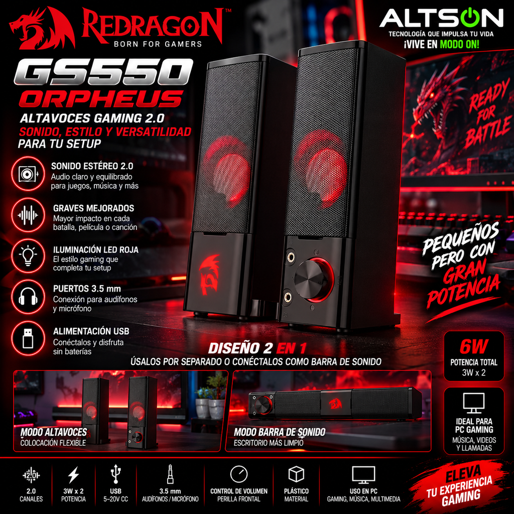 Redragon GS550 Gaming Speakers | 2.0 USB Soundbar | Altavoces