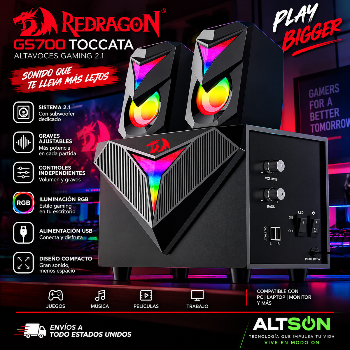 Redragon GS700 Toccata | 2.1 RGB Gaming Speakers | Altavoces