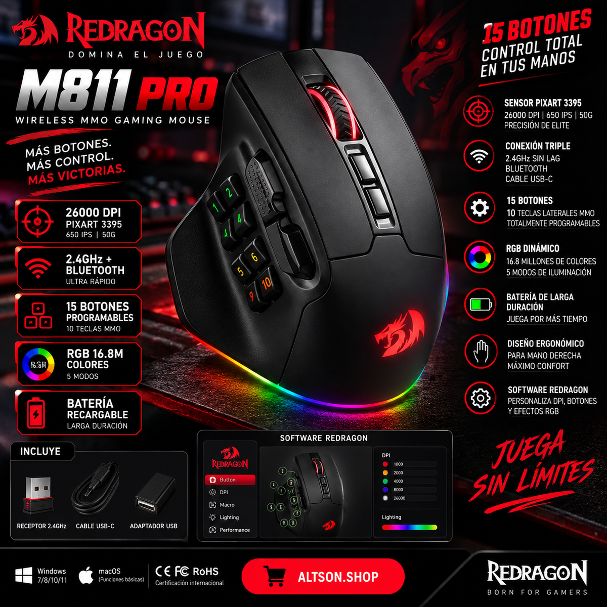 Redragon M811 PRO Wireless MMO Gaming Mouse | 26000 DPI | 15 Buttons | RGB | Pixart 3395