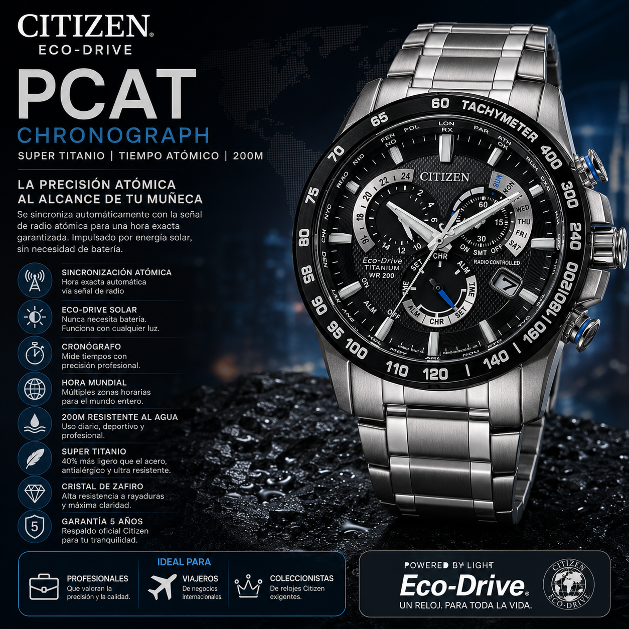 Reloj Citizen Eco-Drive PCAT Chronograph Super Titanio Tiempo Atómico 200m | Citizen PCAT Eco-Drive Atomic Chronograph Super Titanium