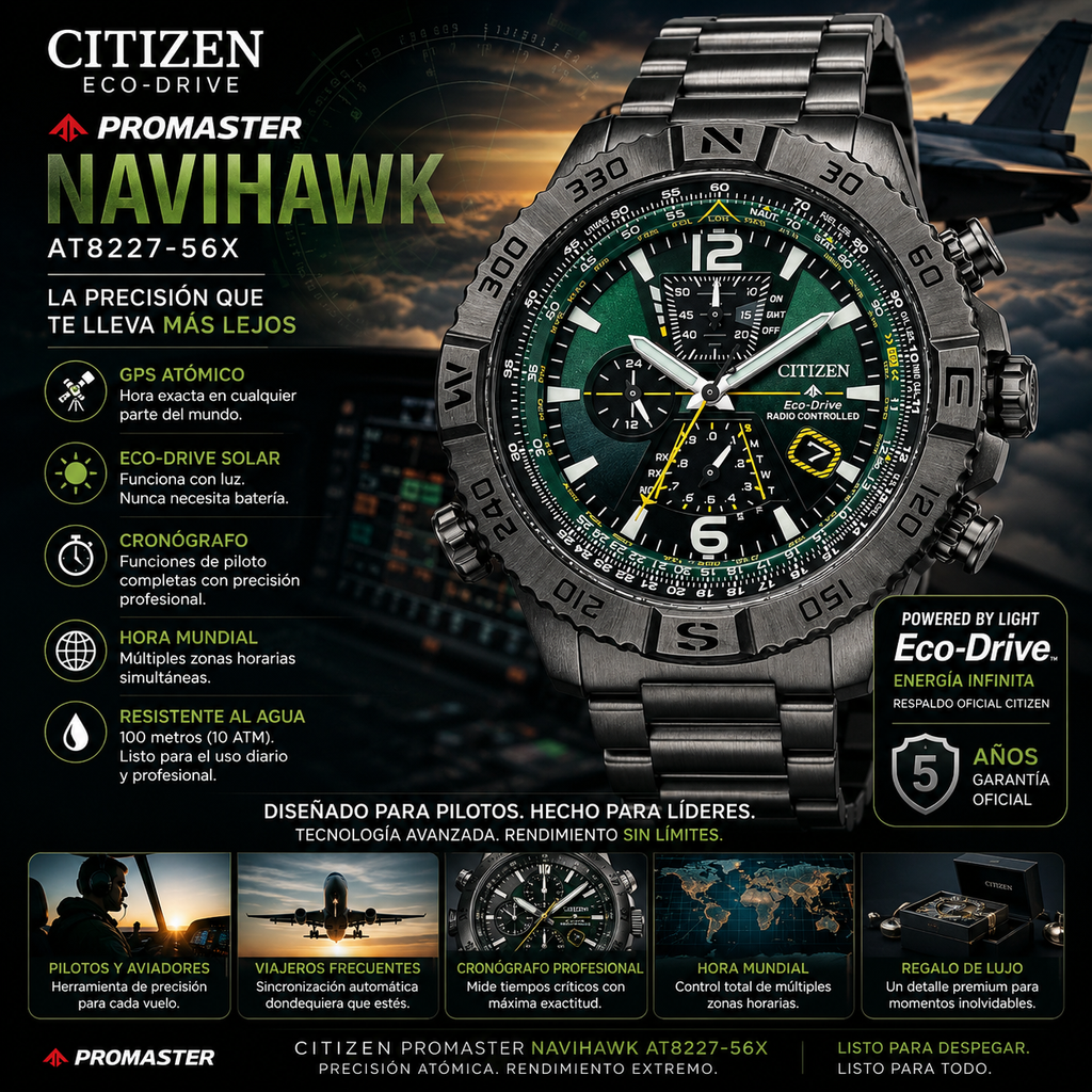 Reloj Citizen Eco-Drive Promaster Navihawk AT8227-56X | Tiempo Atómico Cronógrafo Piloto | Citizen Navihawk Atomic Pilot Chronograph