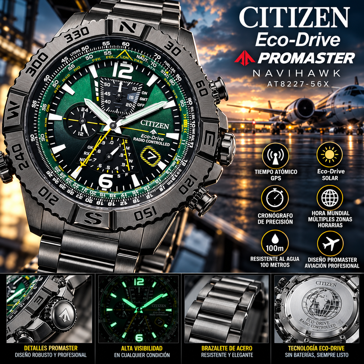 Reloj Citizen Eco-Drive Promaster Navihawk AT8227-56X | Tiempo Atómico Cronógrafo Piloto | Citizen Navihawk Atomic Pilot Chronograph